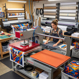 16x20 Automatic Double Bed Sublimation Heat Press, gray and red metal, pressing a colorful garment.