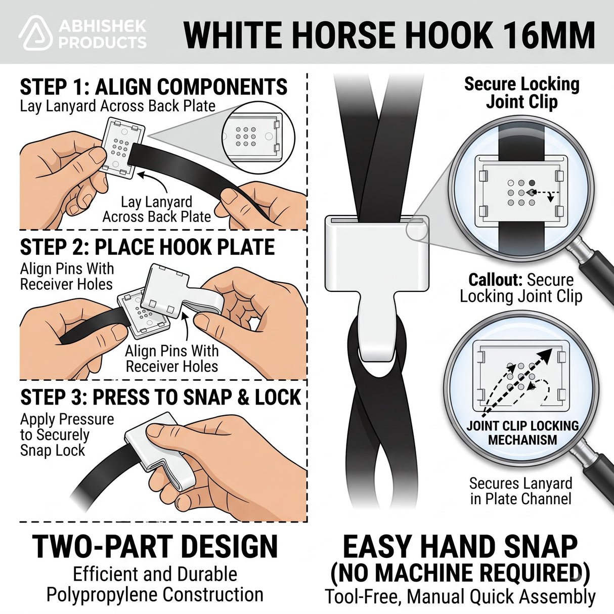 16mm White Horse Hook for ID Card Lanyards, plastic snap clip, shown attaching to a lanyard.