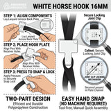 16mm White Horse Hook for ID Card Lanyards, plastic snap clip, shown attaching to a lanyard.
