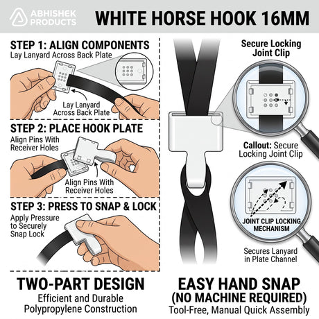 16mm White Horse Hook for ID Card Lanyards, plastic snap clip, shown attaching to a lanyard.