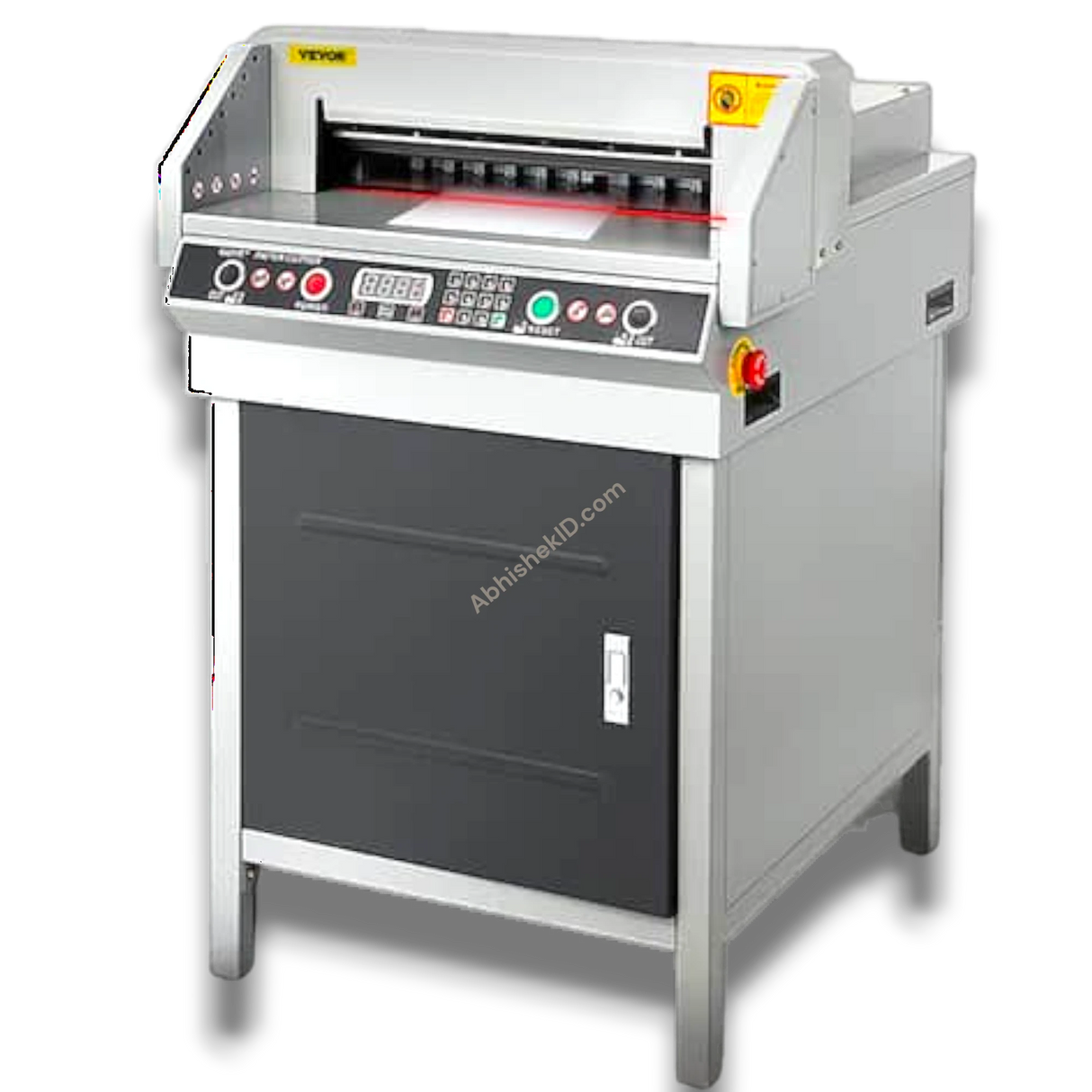 Abhishek Products 450VS automatic electric guillotine paper cutter with digital display and red laser cutting line.
