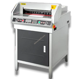 Abhishek Products 450VS automatic electric guillotine paper cutter with digital display and red laser cutting line.