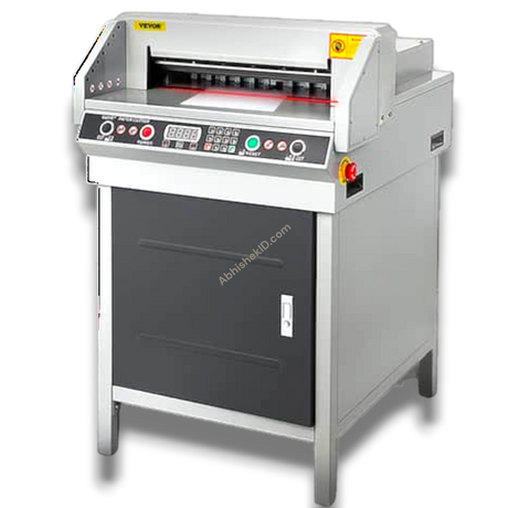 Abhishek Products 450VS automatic electric guillotine paper cutter with digital display and red laser cutting line.