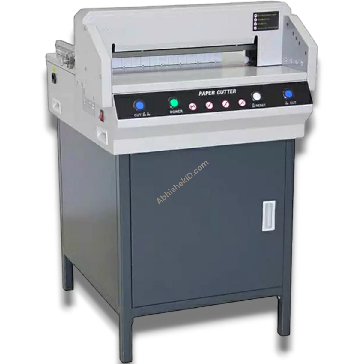 Abhishek Products 450VS automatic electric paper cutter with A3/17 inch capacity and integrated optical cutting line.