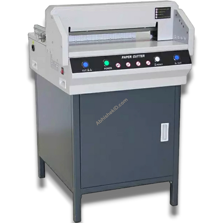 Abhishek Products 450VS automatic electric paper cutter with A3/17 inch capacity and integrated optical cutting line.
