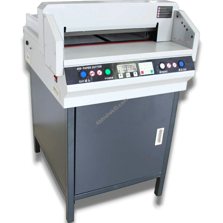 Abhishek Products 450VS automatic electric paper cutter with digital display and keypad for A3 size, 17-inch cutting width.