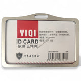 Abhishek Products silver metal ID card holder, 54x86mm horizontal design, anodized aluminium, top-load for secure card placement.
