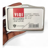 Abhishek Products silver metal ID card holder, 54x86mm horizontal design, premium aluminium badge holder.