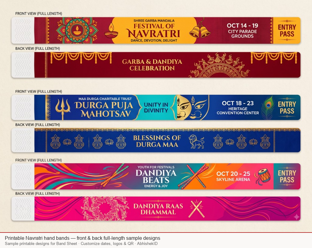 Printable Navratri hand bands front and back full-length sample designs on Band Sheet