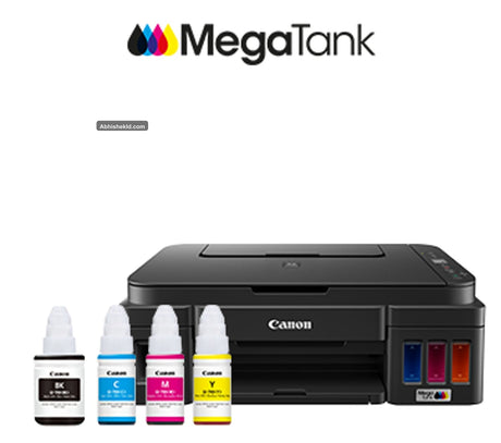 Canon PIXMA G2010 all-in-one ink tank printer front view with integrated MegaTank reservoirs