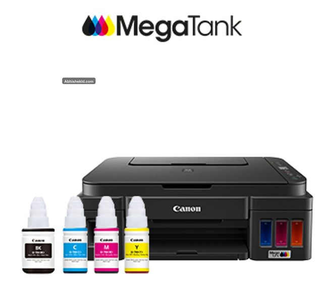 Canon PIXMA G2010 all-in-one ink tank printer front view with integrated MegaTank reservoirs