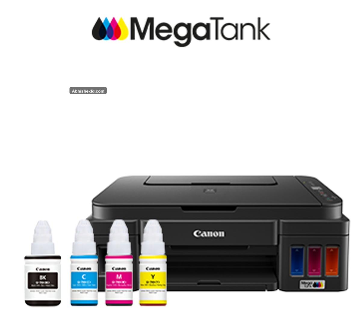 Canon PIXMA G2020 MegaTank printer front view with integrated transparent ink tanks