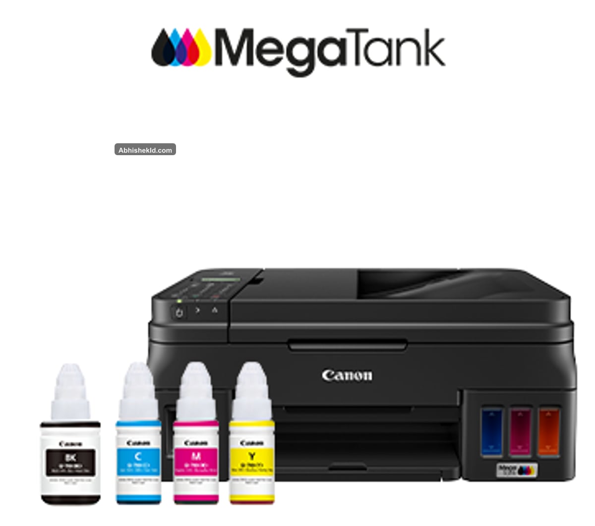 Canon PIXMA G4010 MegaTank printer front profile with integrated ink tanks and 2-line LCD
