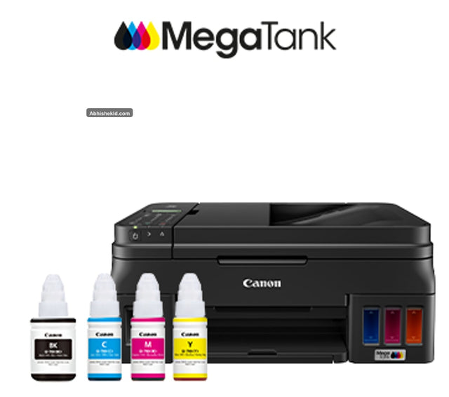 Canon PIXMA G4010 MegaTank printer front profile with integrated ink tanks and 2-line LCD