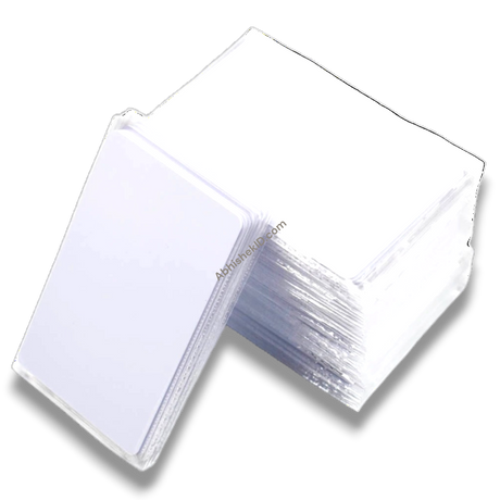 Stack of white MIFARE Classic 1K PVC Thermal 13.56 MHz contactless RFID smart cards for printable access ID badges.