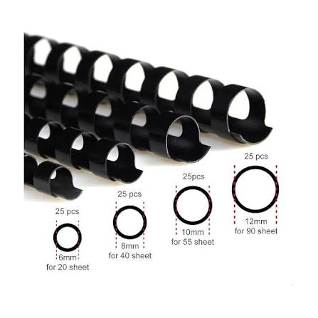 Plastic Comb Binding Rings (Spico) A4, black, various sizes for different sheet capacities, pack of 100.