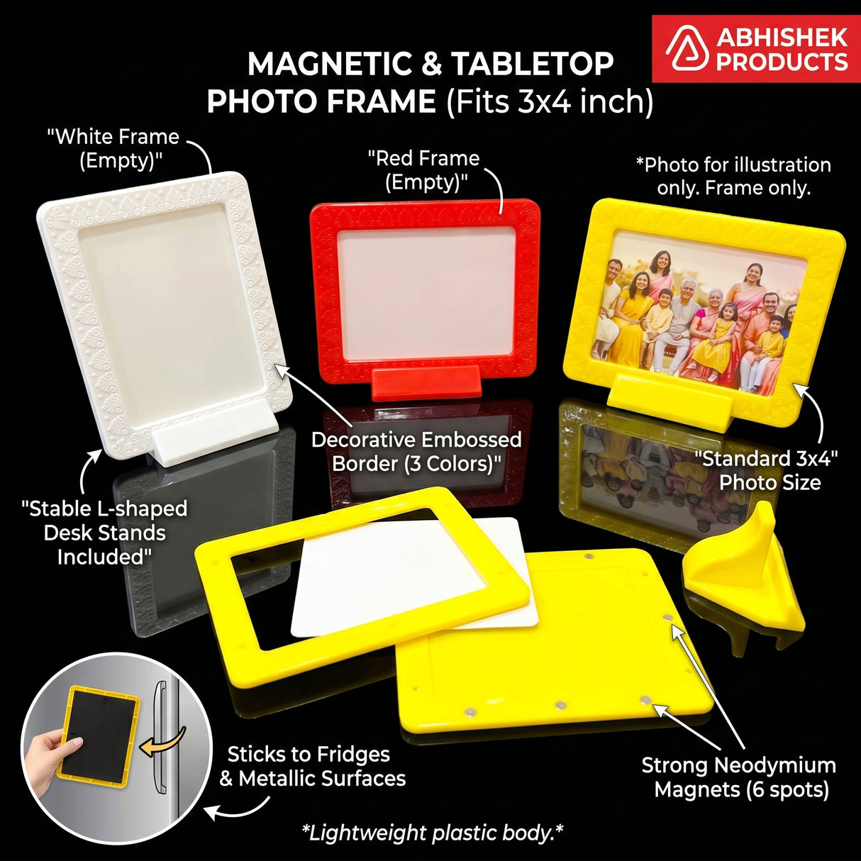 Magnetic Photo Frame with Stand - 3x4 Inch Fridge Magnet | Tabletop Display