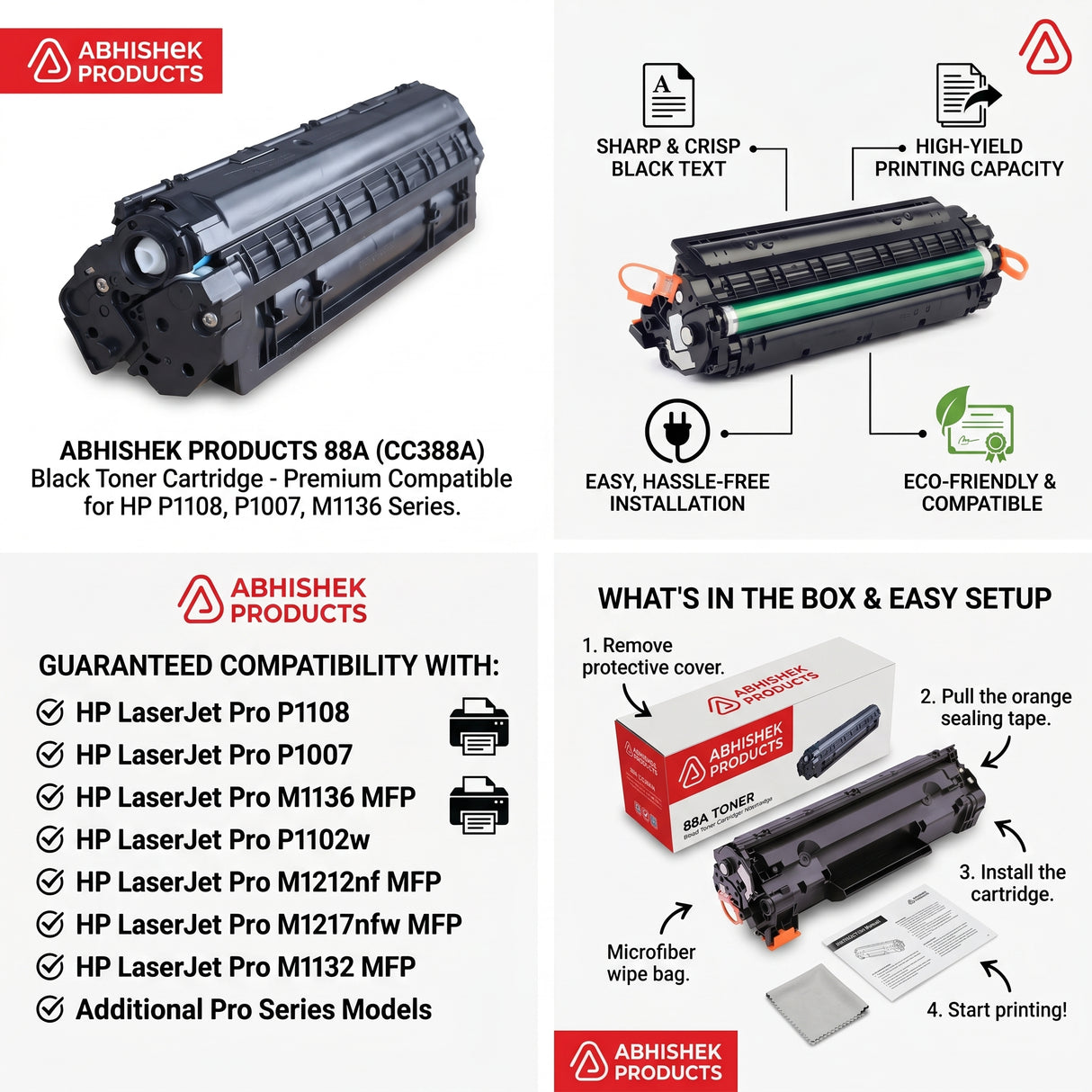 88A Toner Cartridge (CC388A) black plastic for HP P1108, P1007, M1136 & Pro Series, for sharp text printing