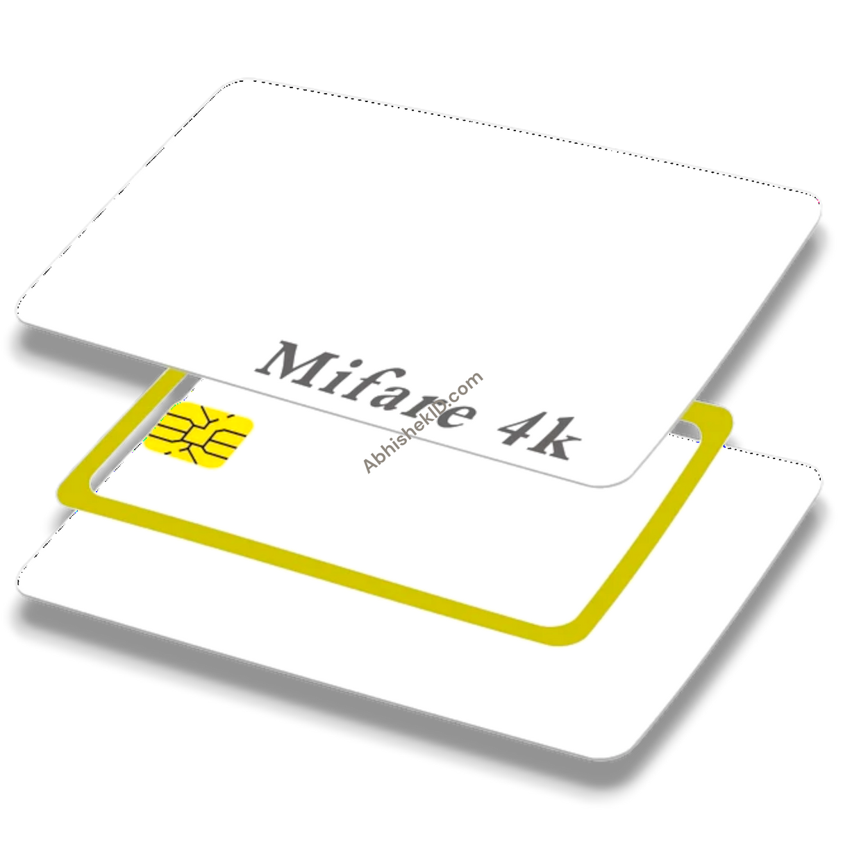 White MIFARE Classic 1K PVC Thermal Card showing internal yellow 13.56 MHz contactless RFID antenna and smart chip.
