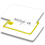 White MIFARE Classic 1K PVC Thermal Card showing internal yellow 13.56 MHz contactless RFID antenna and smart chip.