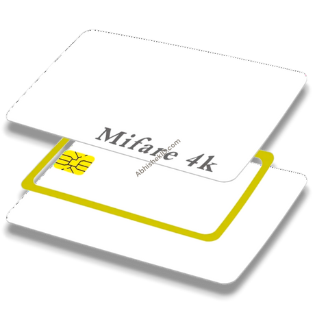 White MIFARE Classic 1K PVC Thermal Card showing internal yellow 13.56 MHz contactless RFID antenna and smart chip.