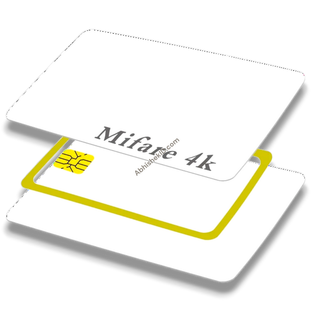 White MIFARE Classic 1K PVC Thermal Card showing internal yellow 13.56 MHz contactless RFID antenna and smart chip.