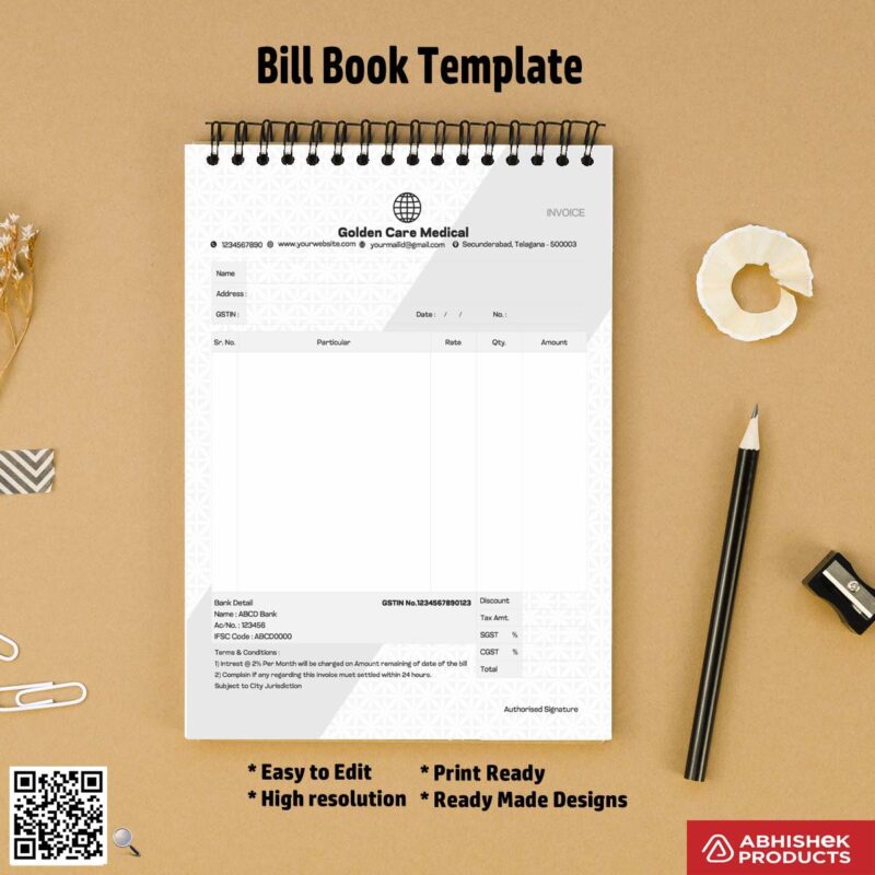 Minimal customizable bill book design For Medical