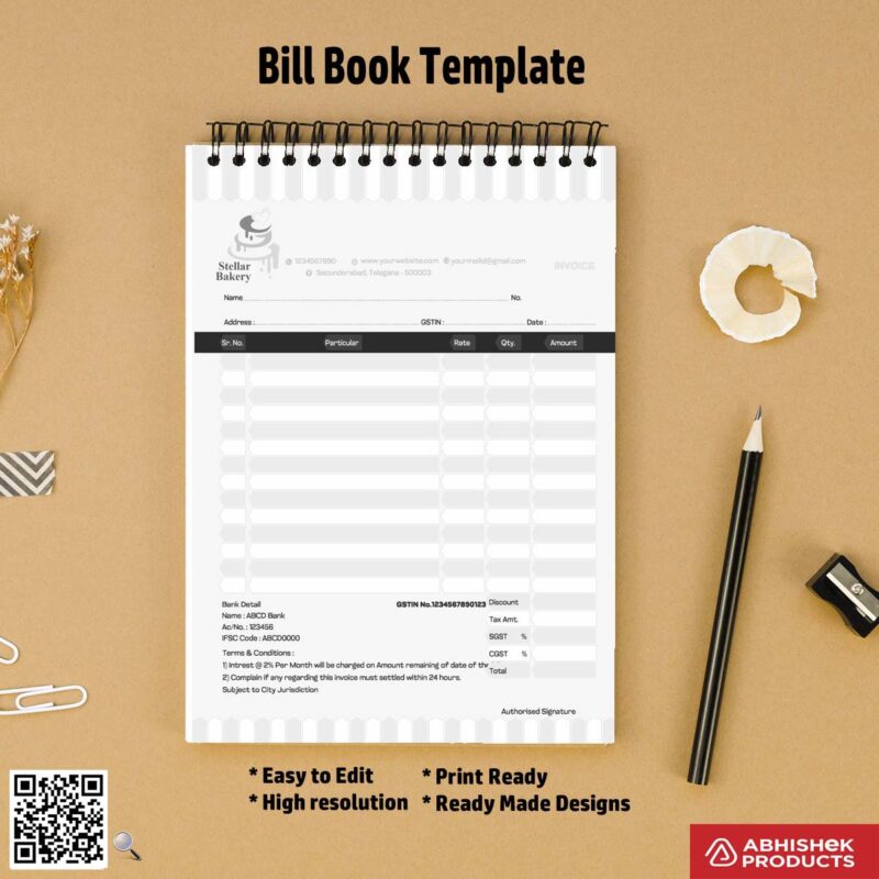 Simple customizable bill book layout for digital printing For Bakery